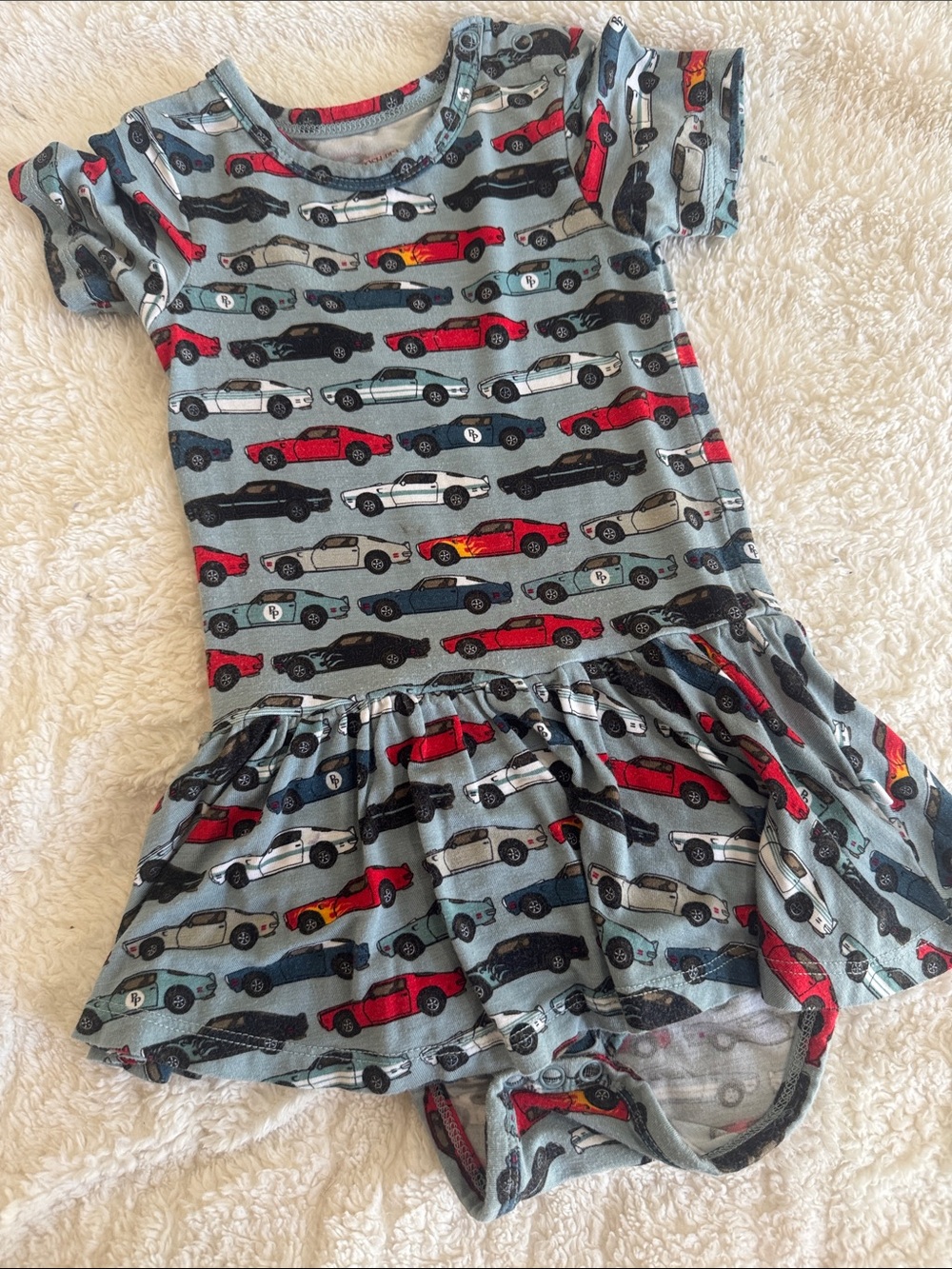 Posh Peanut Gray Car-Print Dress Bodysuit with Red & Black Cars